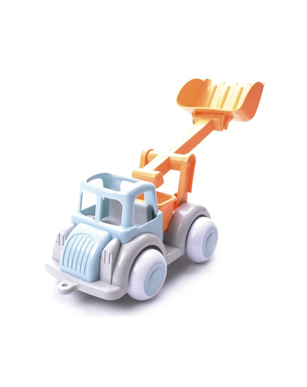 Toy bulldozer with an orange blade on a white background